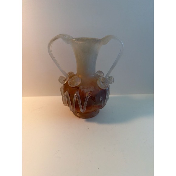 Vintage Murano Scavo Iridescent Art Glass Vase w/Crimp Handles 5